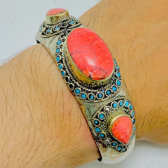 SingleTribal Coral Stones Cuff Bracelet With Turquoise Beads, Handmade Coral - Picture 1 of 15